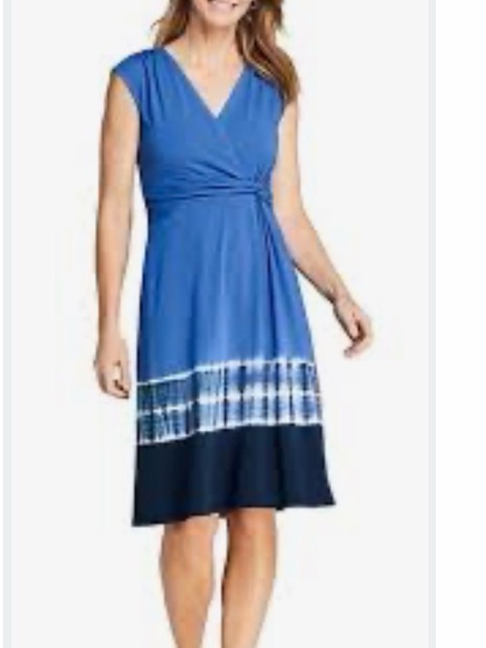 Lands' End Blue Tie-Dye Band V‑Neck Midi Dress with Dark Hem
